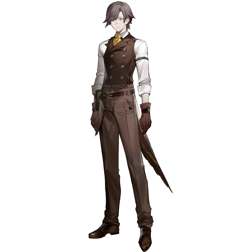 arknights, official art, third-party source, 1boy, ascot, belt, belt pouch, bird boy, brown belt, brown eyes, brown gloves, brown hair, brown pants, brown vest, buttons, collared shirt, double-breasted, dress pants, full body, gloves, long sleeves, male focus, pants, pouch, shirt, simple background, solo, standing, tachi-e, transparent background, vest, waistcoat, white shirt, yellow ascot