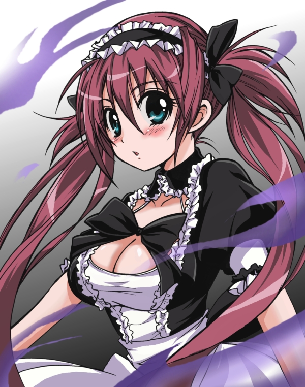 nanjou akimasa, airi (queen's blade), airi (the infernal temptress), queen's blade, 00s, 1girl, breasts, cleavage, female focus, large breasts, long hair, maid, red hair, solo, twintails