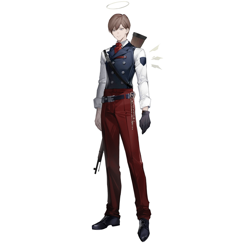 arknights, official art, third-party source, 1boy, ascot, belt, black belt, black gloves, blue eyes, blue vest, brown hair, buttons, collared shirt, detached wings, double-breasted, dress pants, energy wings, full body, gloves, grey eyes, gun, halo, long sleeves, male focus, pants, red ascot, red pants, rifle, shirt, simple background, single glove, solo, standing, tachi-e, traditional halo, transparent background, vest, waistcoat, weapon, white shirt, wings