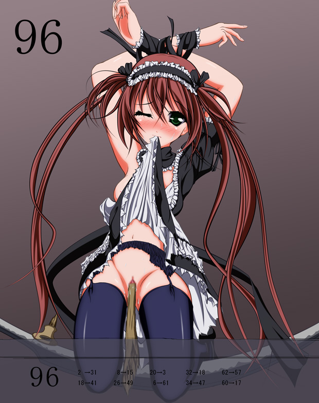 yuuzaki takumi, airi (queen's blade), airi (the infernal temptress), queen's blade, bad id, bad pixiv id, 00s, 1girl, bdsm, bondage, bound, censored, clothes in mouth, clothes lift, female focus, garter belt, maid headdress, mouth hold, object insertion, one eye closed, pussy, skirt, skirt in mouth, skirt lift, solo, thighhighs, torn clothes, wink