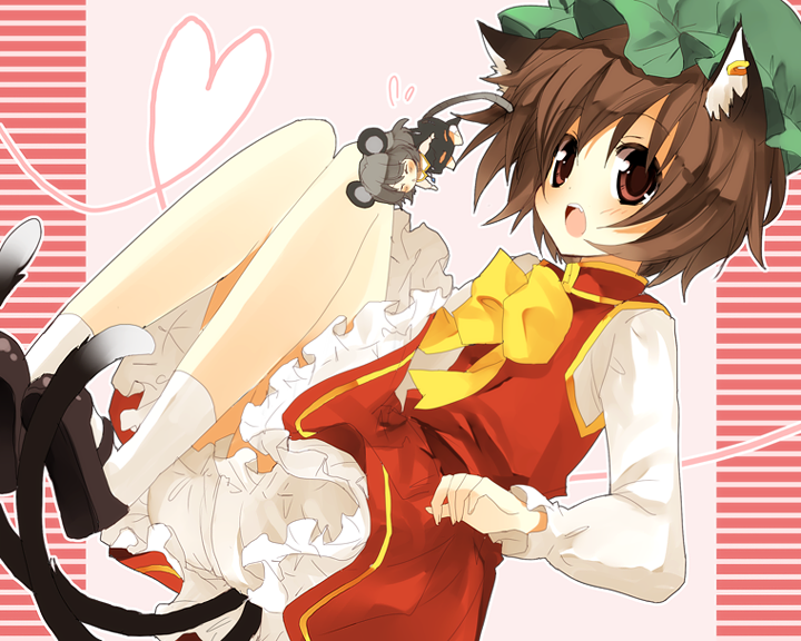 kurot, chen, nazrin, touhou, 2girls, animal ears, bloomers, blush, brown hair, cat ears, cat girl, cat tail, earrings, female focus, grey hair, hat, heart, heart of string, jewelry, mini person, minigirl, mouse ears, mouse tail, multiple girls, multiple tails, red eyes, string, string of fate, tail, underwear