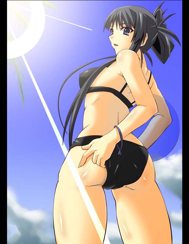 shin'ya (nanp), akiyama mio, k-on!, 00s, 1girl, adjusting clothes, adjusting swimsuit, ass, bikini, black bikini, black hair, blue eyes, blunt bangs, day, female focus, hime cut, long hair, solo, surprised, swimsuit, wristband