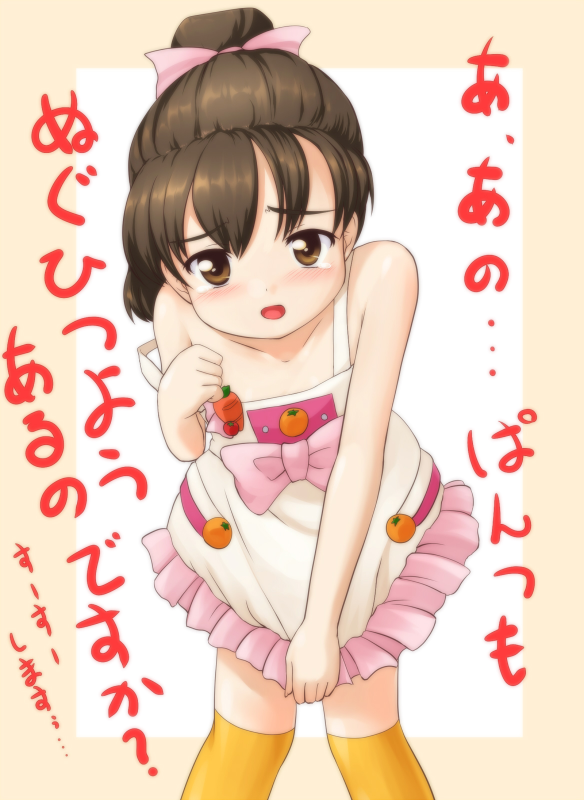 tdk, hiiragi mine, cooking idol ai! mai! main!, highres, blush, brown eyes, brown hair, hair ribbon, ribbon, solo, strap slip, tears, thighhighs