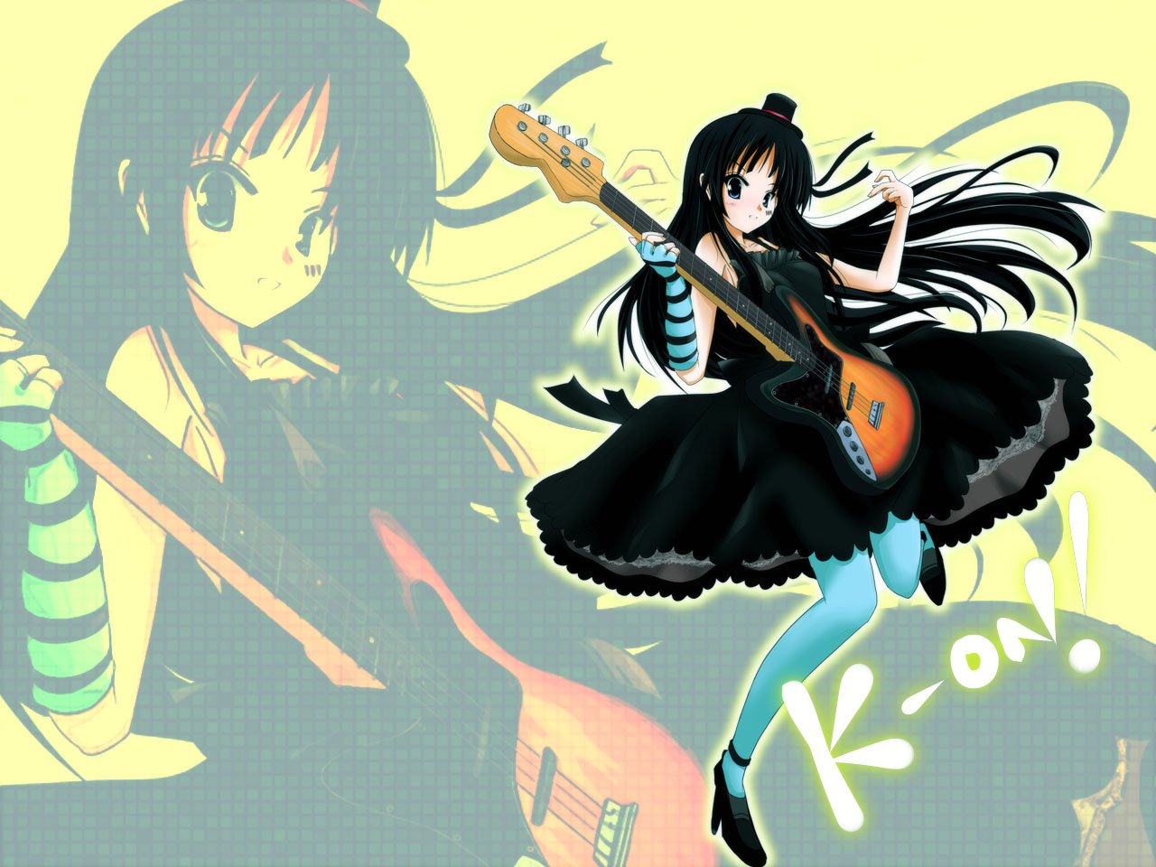 don (102558), akiyama mio, don't say "lazy", k-on!, striped, 00s, 1girl, aqua pantyhose, bass guitar, black hair, blue eyes, blue pantyhose, blunt bangs, dress, facepaint, female focus, fingerless gloves, gloves, hat, hime cut, instrument, long hair, mini hat, mini top hat, pantyhose, solo, top hat, zoom layer