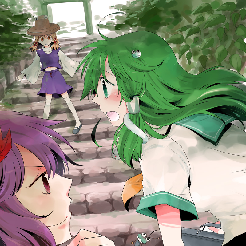 pokka, kochiya sanae, moriya suwako, yasaka kanako, touhou, 3girls, alternate costume, blonde hair, female focus, frog, green eyes, green hair, hair ornament, hat, midriff, multiple girls, nature, outdoors, plant, purple hair, red eyes, school uniform, serafuku, short hair, skirt, snake, thighhighs, upper body, yellow eyes