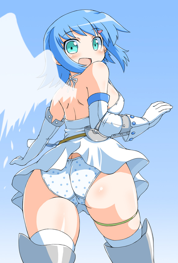 naitou kouse, angel of light nanael, nanael (queen's blade), queen's blade, 00s, 1girl, angel, angel wings, aqua eyes, ass, asymmetrical wings, back, bare shoulders, blue hair, blue panties, blush, boots, dress, elbow gloves, female focus, gloves, looking back, panties, pantyshot, polka dot, polka dot panties, short hair, skirt, solo, standing, thigh boots, thighhighs, underwear, white dress, white skirt, white thighhighs, wind, wind lift, wings