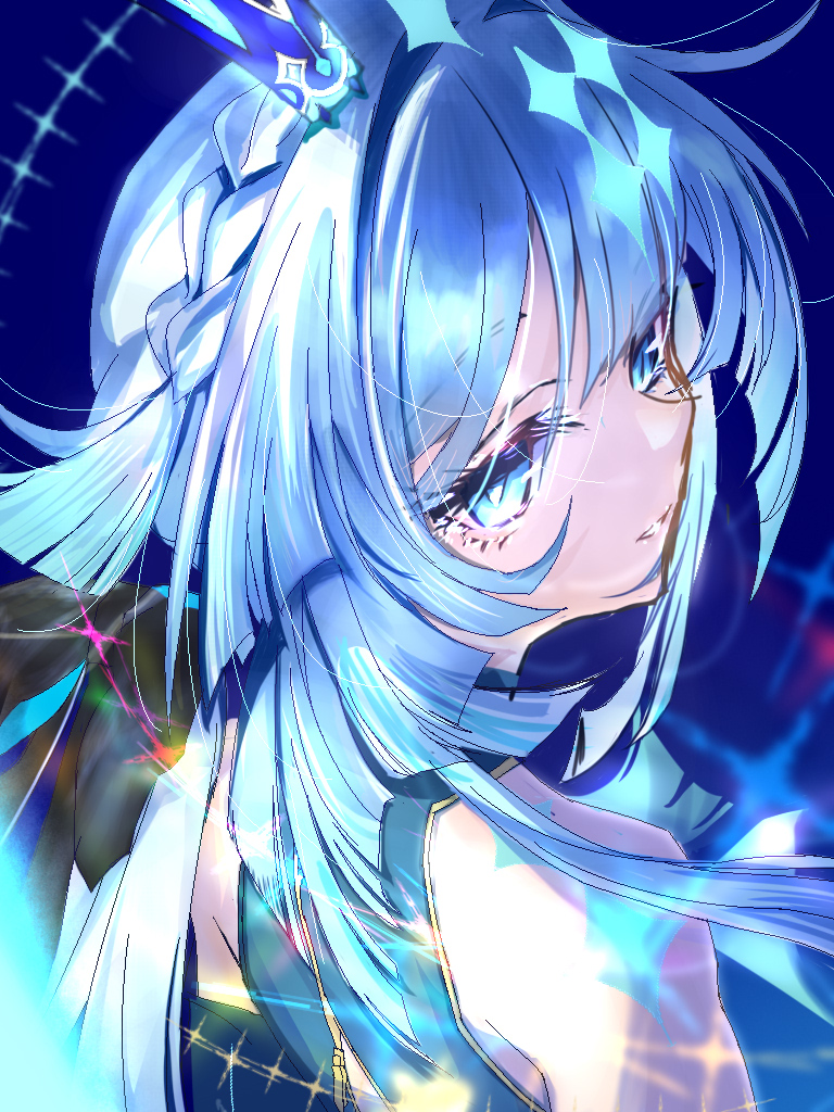 cerydra (honkai: star rail), honkai: star rail, honkai (series), 1girl, blue eyes, blue hair, braid, from behind, long hair, looking at viewer, looking back, parted lips, shoulder tattoo, sleeveless, solo, suagrararala, tattoo, upper body
