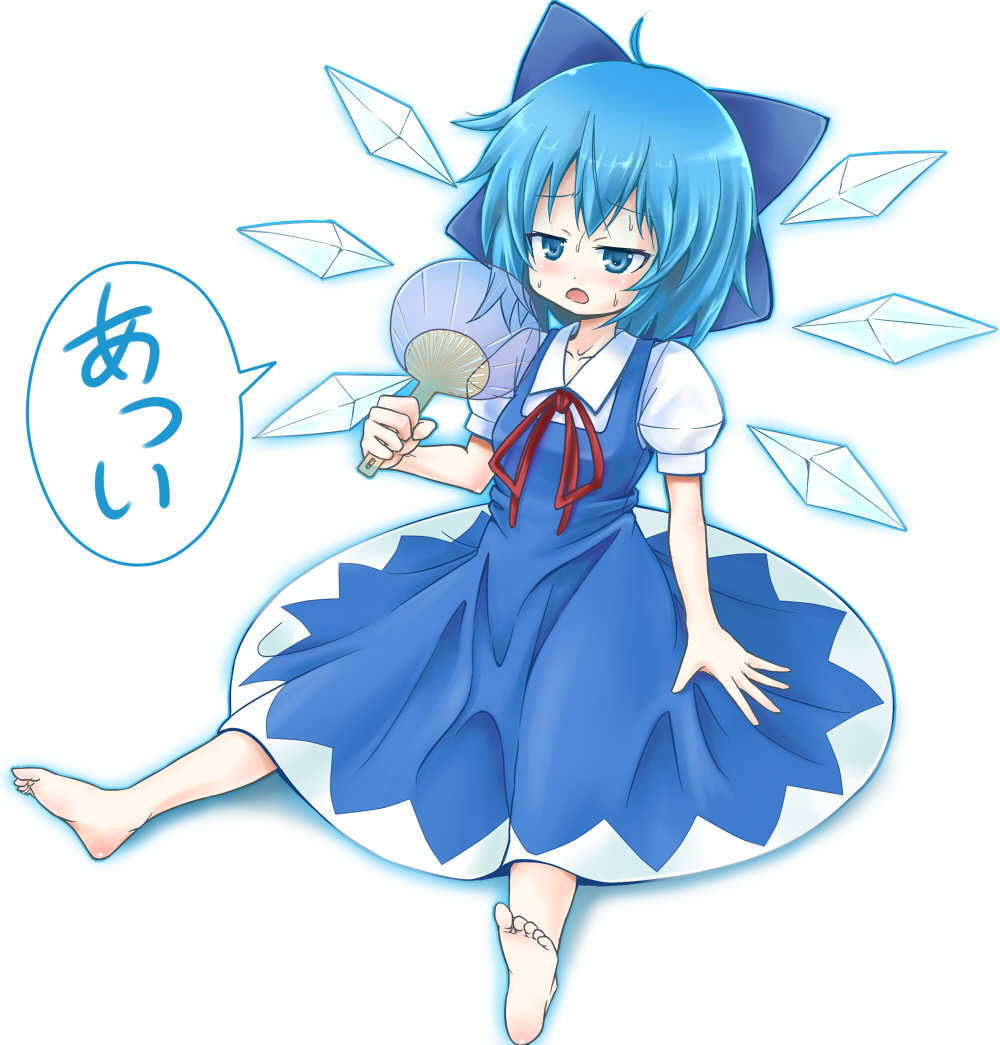 betanya, cirno, embodiment of scarlet devil, touhou, translated, 1girl, barefoot, blue eyes, blue hair, bow, dress, feet, female focus, hair bow, hand fan, matching hair/eyes, short hair, solo, sweat, white background, wings