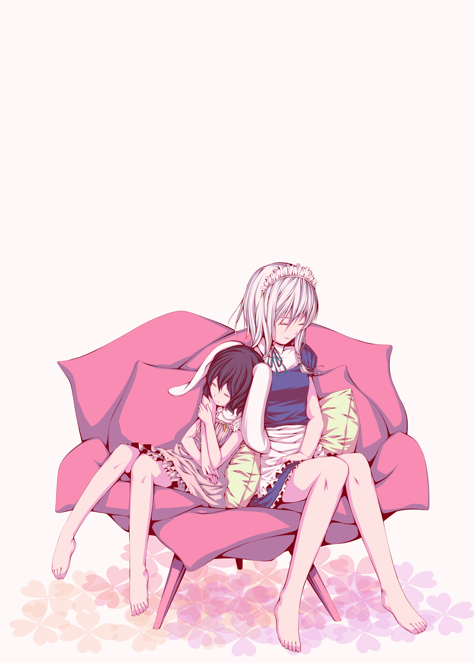 ayasaka, inaba tewi, izayoi sakuya, touhou, silver hair, bad id, bad pixiv id, highres, 2girls, animal ears, barefoot, black hair, braid, carrot, couch, dress, feet, female focus, hairband, jewelry, maid, multiple girls, pendant, rabbit ears, red eyes, short hair, sleeping, twin braids, white background