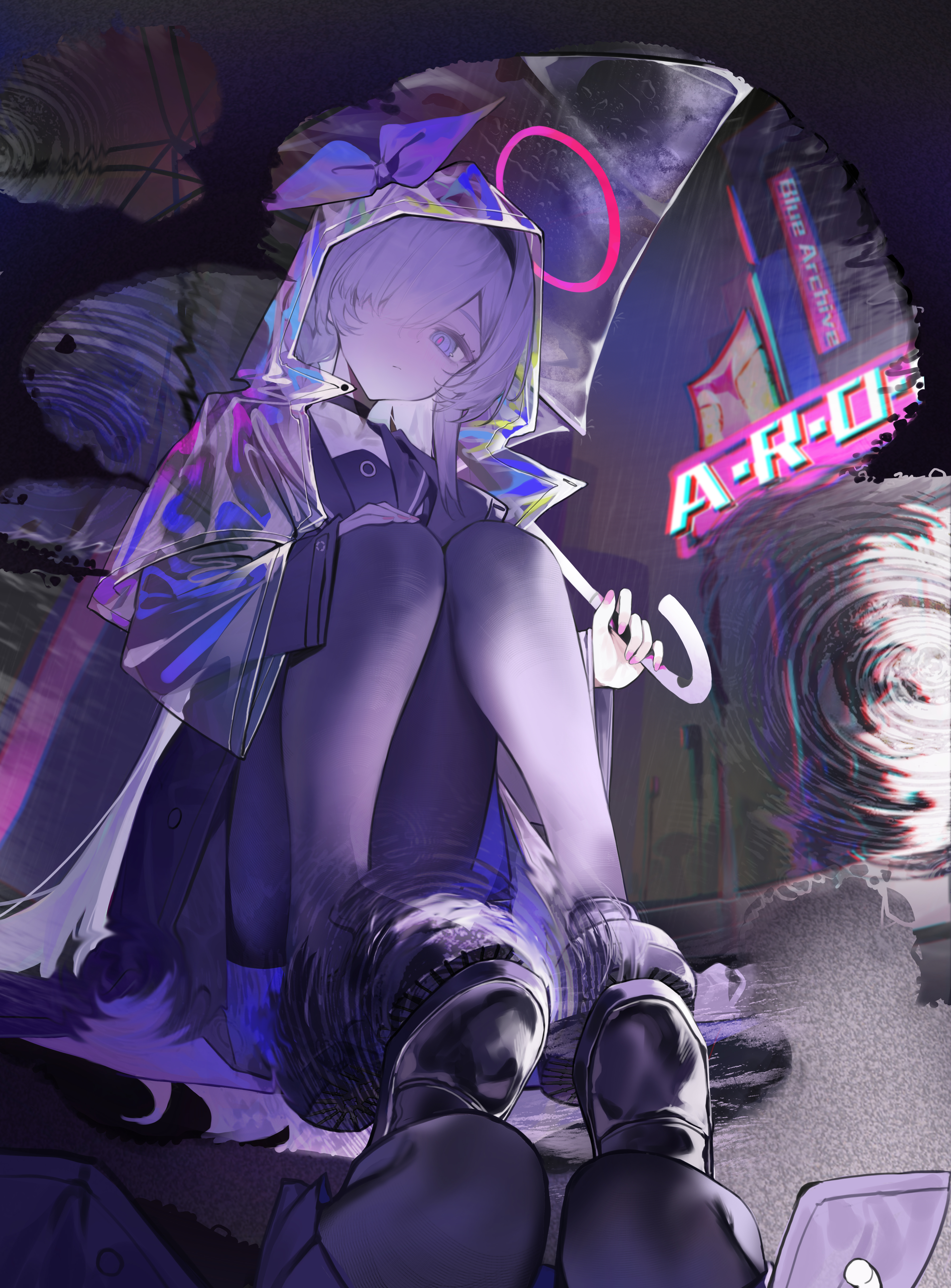 bai yao (user ygua7252), plana (blue archive), blue archive, absurdres, chinese commentary, commentary request, highres, 1girl, black choker, black coat, black hairband, black pantyhose, black sailor collar, black serafuku, black shirt, black shoes, black skirt, bow, choker, closed mouth, coat, fingernails, full body, grey eyes, hair bow, hair over one eye, hairband, halo, holding, holding umbrella, hood, hood up, hooded coat, loafers, long hair, long sleeves, looking at reflection, looking at viewer, nail polish, neckerchief, open clothes, open coat, outdoors, pantyhose, pink nails, puddle, purple bow, rain, raincoat, red halo, red pupils, reflection, reflective water, sailor collar, school uniform, see-through clothes, see-through raincoat, serafuku, shirt, shoes, sitting, skirt, solo, squatting, transparent, transparent umbrella, umbrella, white bow, white hair, white neckerchief, wide sleeves