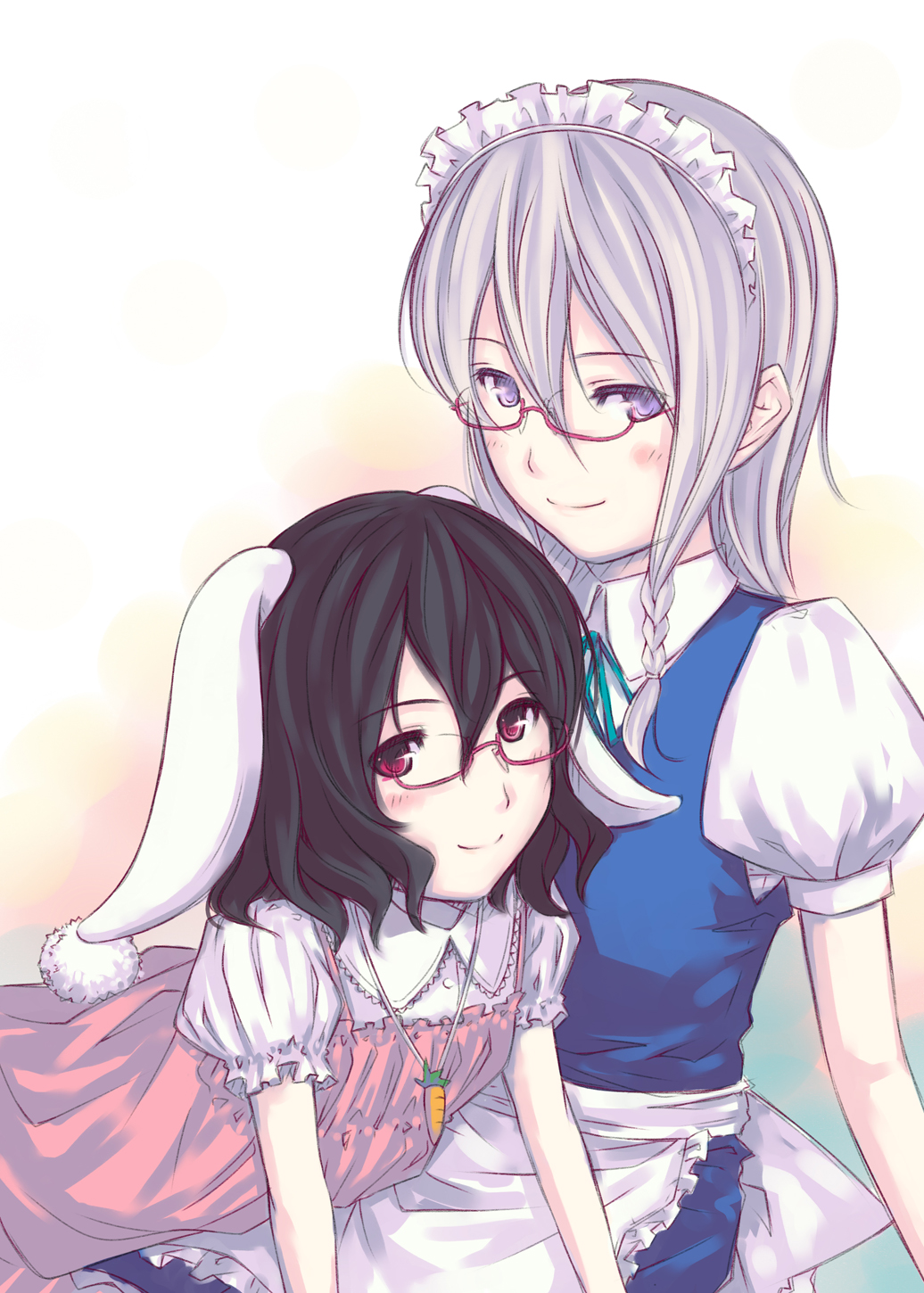 ayasaka, inaba tewi, izayoi sakuya, touhou, silver hair, bad id, bad pixiv id, highres, 2girls, animal ears, bespectacled, black hair, braid, carrot, dress, female focus, glasses, gradient background, hairband, jewelry, maid, multiple girls, pendant, rabbit ears, red eyes, short hair, tail, twin braids, white background