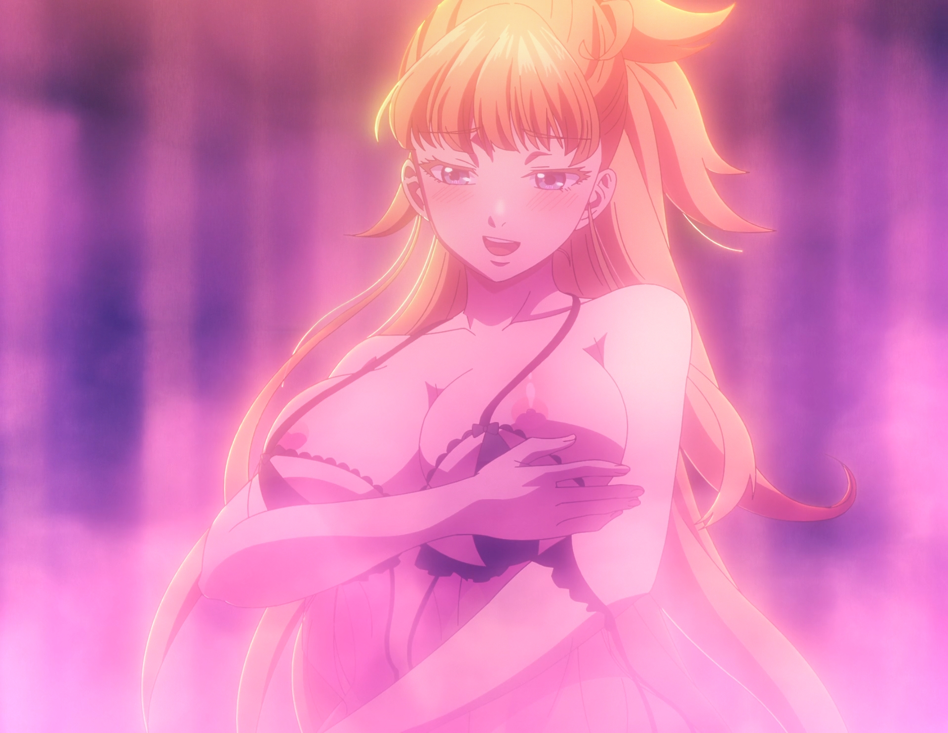 nonaka himeno, kekkon yubiwa monogatari, stitched, third-party edit, 1girl, blonde hair, blue eyes, breasts, collarbone, large breasts, long hair, nipples, seductive smile, smile, solo