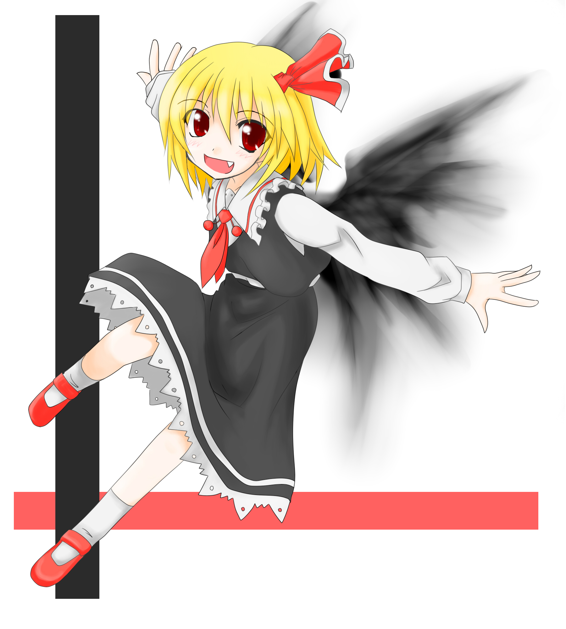 eku, rumia, embodiment of scarlet devil, touhou, bad id, bad pixiv id, highres, 1girl, blonde hair, fang, female focus, full body, red eyes, ribbon, solo, white background, wings