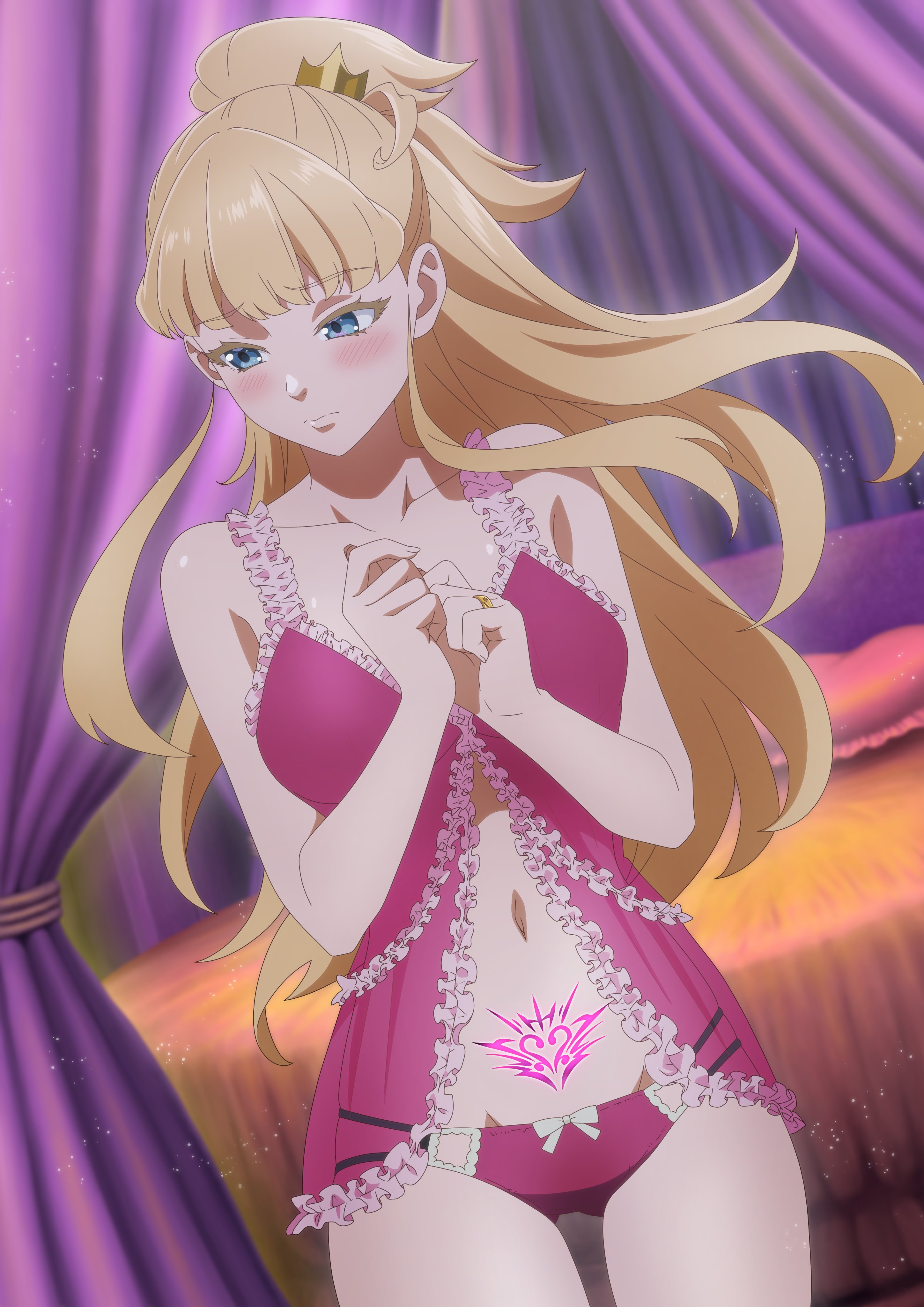 nonaka himeno, kekkon yubiwa monogatari, absurdres, highres, official art, 1girl, blonde hair, blue eyes, blush, collarbone, long hair, navel, solo