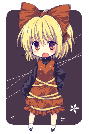 matsusaka gyuu, kurodani yamame, touhou, bad id, bad pixiv id, lowres, 1girl, bow, brown eyes, buttons, chibi, dress, female focus, full body, hair bow, open mouth, shoes, silk, socks, solo, spider web