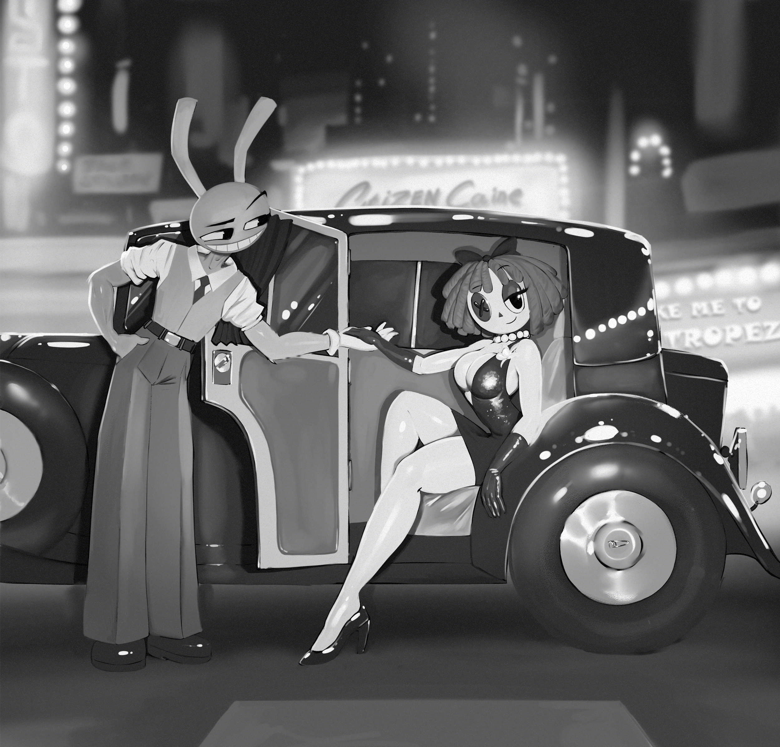 megadraws24, jax (the amazing digital circus), ragatha (the amazing digital circus), glitch productions, the amazing digital circus, highres, bare legs, breasts, button eye, car, cleavage, cocktail dress, dress, gloves, high heels, huge breasts, monochrome, motor vehicle, ribbon, short dress