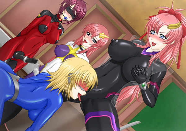 macxes, cagalli yula athha, lacus clyne, lunamaria hawke, meer campbell, gundam, gundam seed, gundam seed destiny, breast hold, 00s, 4girls, bodysuit, breasts, covered erect nipples, cunnilingus, dildo, femdom, large breasts, latex, latex suit, long hair, multiple girls, nipples, oral, pink hair, sex toy, skin tight, spread legs, yuri