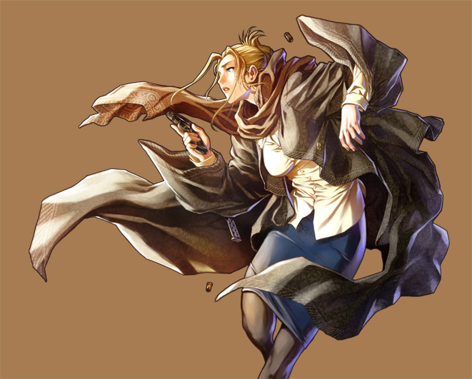 hiroe rei, blonde hair, bullet, coat, gun, pantyhose, scarf, skirt, solo, tara chace, weapon