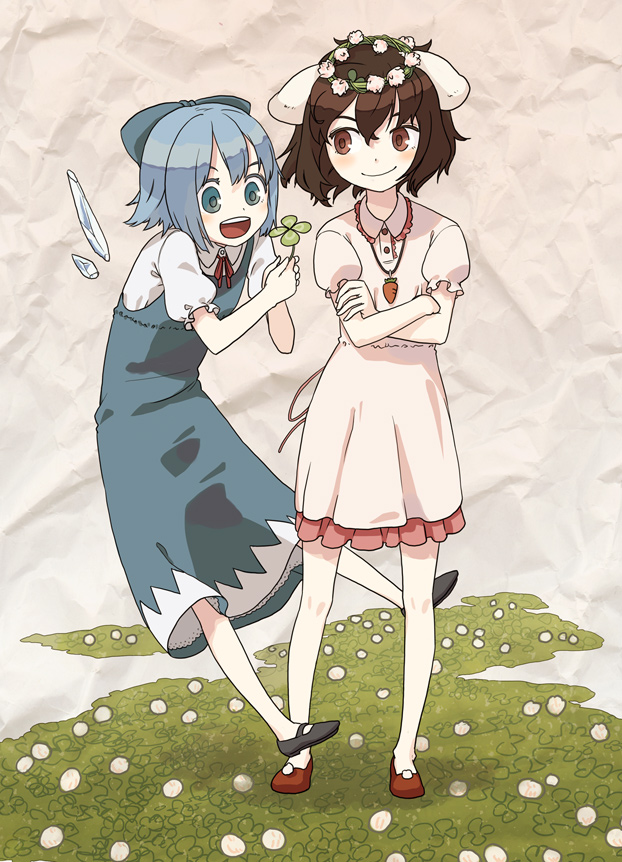 itsutsu, cirno, inaba tewi, touhou, 2girls, clover, clover (flower), crossed arms, flower, four-leaf clover, head wreath, multiple girls, smile