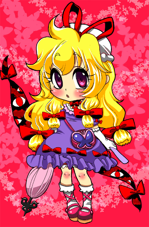 minoneco, shishi neko, yakumo yukari, touhou, white legwear, 1girl, aged down, blonde hair, child, elbow gloves, female focus, full body, gap (touhou), gloves, hair ribbon, hat, long hair, purple eyes, ribbon, solo, umbrella, white gloves