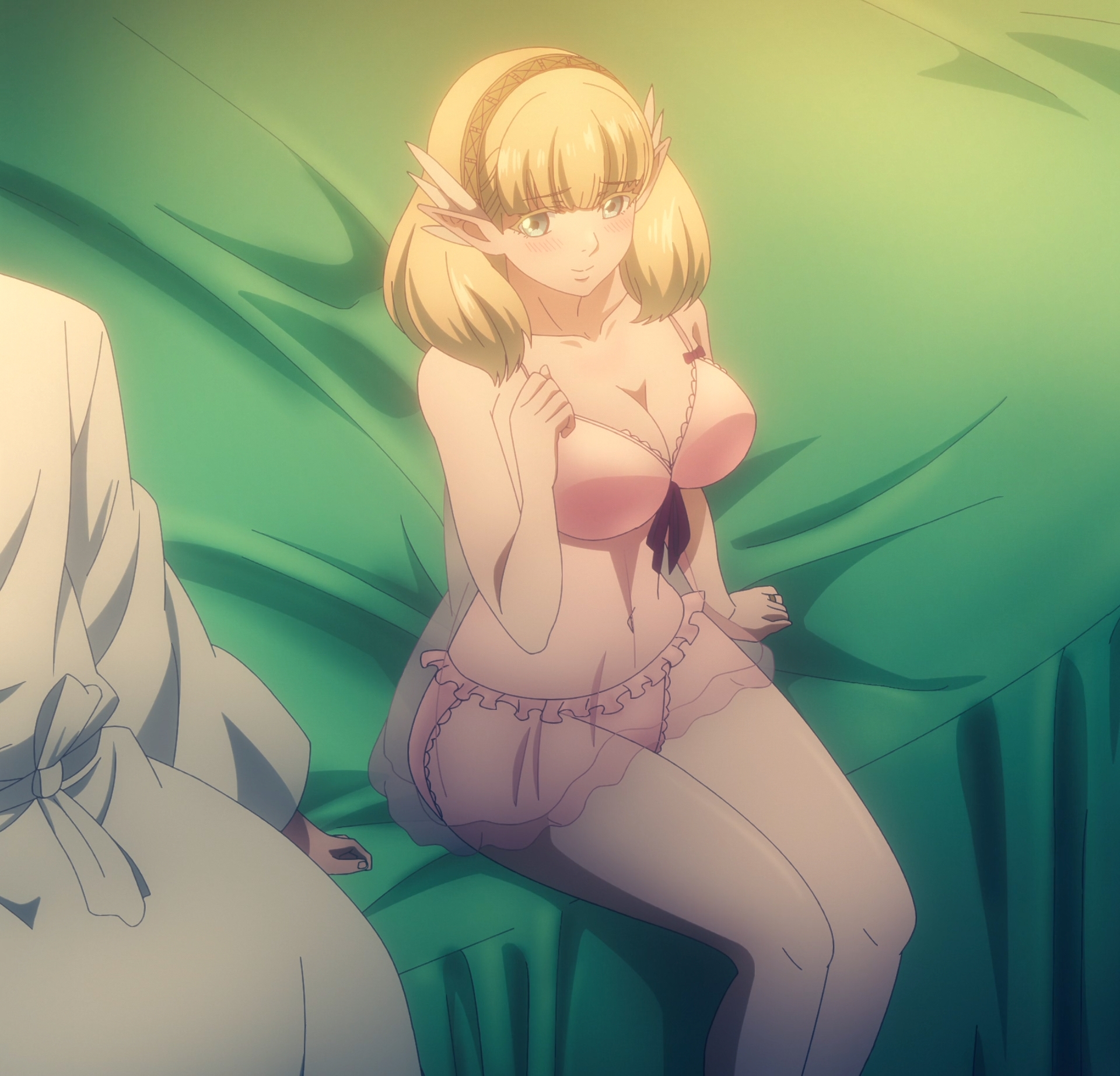 nephrites lomka, kekkon yubiwa monogatari, highres, stitched, third-party edit, 1boy, 1girl, blonde hair, breasts, cleavage, green eyes, large breasts, navel, pointy ears, see-through clothes