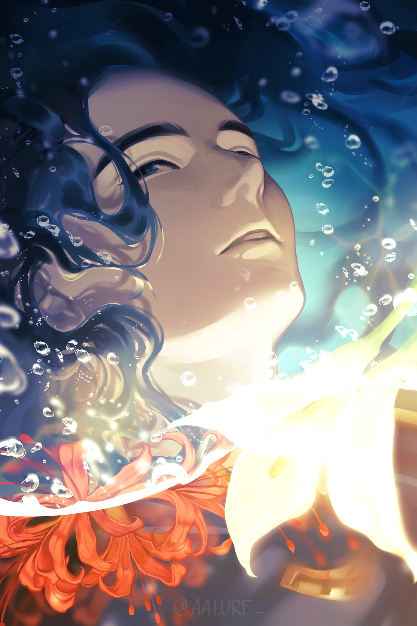 loki (marvel), marvel, thor (marvel) (series), hashtag-only commentary, highres, 1boy, aalure, air bubble, androgynous, animification, black eyes, black hair, blurry, blurry background, bubble, floating hair, flower, lily (flower), long hair, male focus, parted lips, portrait, red flower, solo, spider lily, submerged, twitter username, water, yellow flower