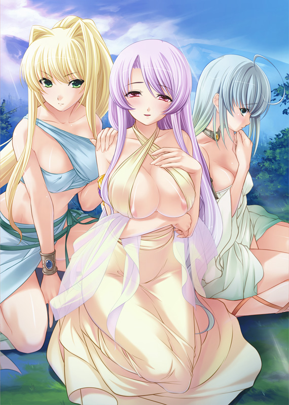 ayase hazuki, celeste, celeste (megami shimai), flora (megami shimai), muriel, matomete tanetsuke megami shimai haramase tasei seikatsu!, megami shimai, hand on shoulder, 3girls, ahoge, ankle lace-up, blonde hair, blue eyes, blue hair, bracelet, breasts, cleavage, green eyes, hair intakes, huge breasts, jewelry, long hair, midriff, multiple girls, outdoors, purple hair, siblings, sisters