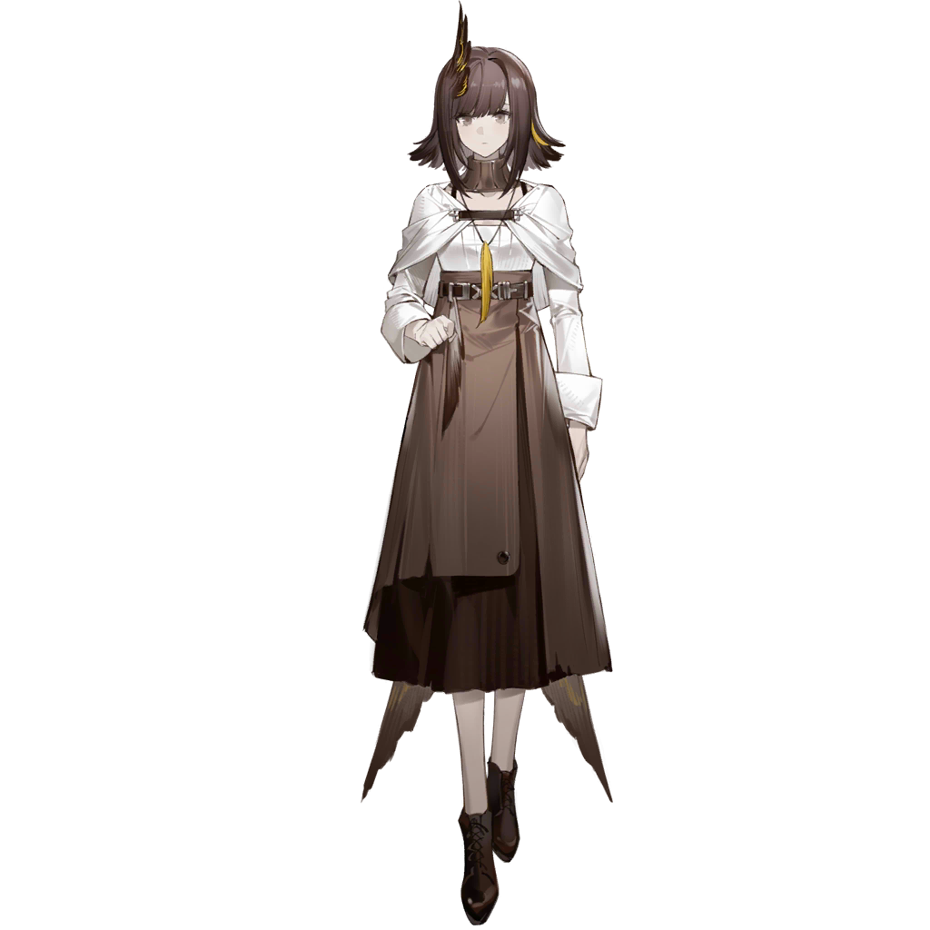 arknights, official art, third-party source, 1girl, ankle boots, bird girl, boots, brown boots, brown eyes, brown hair, brown skirt, capelet, full body, head wings, high-waist skirt, long skirt, long sleeves, looking at viewer, shirt, short hair, simple background, single head wing, skirt, solo, standing, tachi-e, transparent background, white capelet, white shirt, wings