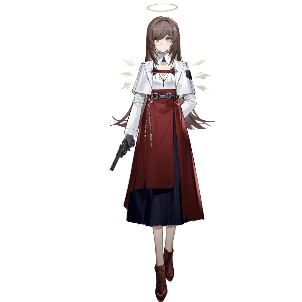 arknights, official art, third-party source, 1girl, ankle boots, black gloves, blue eyes, blue skirt, boots, brown boots, brown hair, capelet, detached wings, energy wings, full body, gloves, gun, halo, high-waist skirt, holding, holding gun, holding weapon, long hair, long skirt, long sleeves, looking at viewer, red boots, red skirt, shirt, simple background, skirt, solo, standing, tachi-e, traditional halo, transparent background, two-tone skirt, weapon, white capelet, white shirt, wings