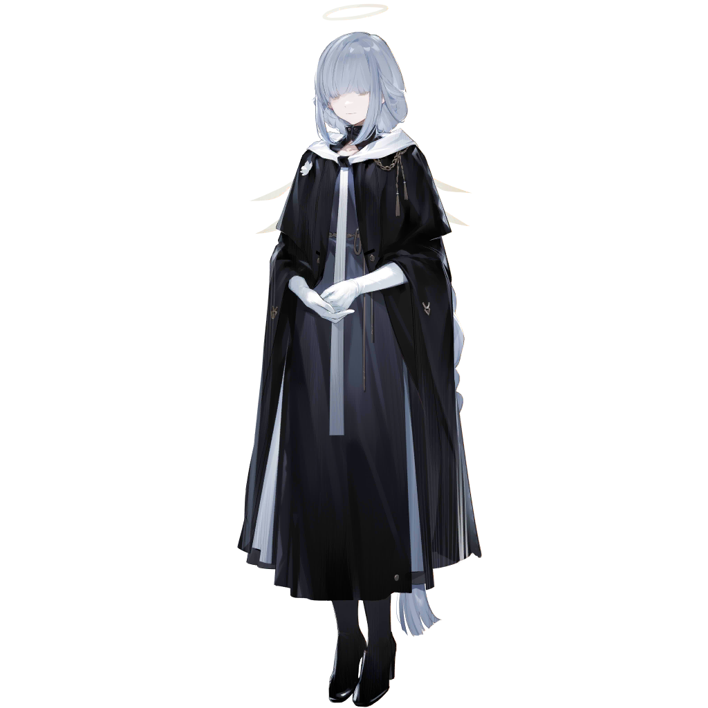 arknights, official art, third-party source, 1girl, black boots, black cloak, blue dress, blue hair, boots, braid, brown eyes, cloak, detached wings, dress, energy wings, full body, gloves, halo, long bangs, long dress, long hair, looking down, nun, open cloak, open clothes, own hands together, simple background, solo, standing, tachi-e, traditional halo, transparent background, very long hair, white gloves, wings
