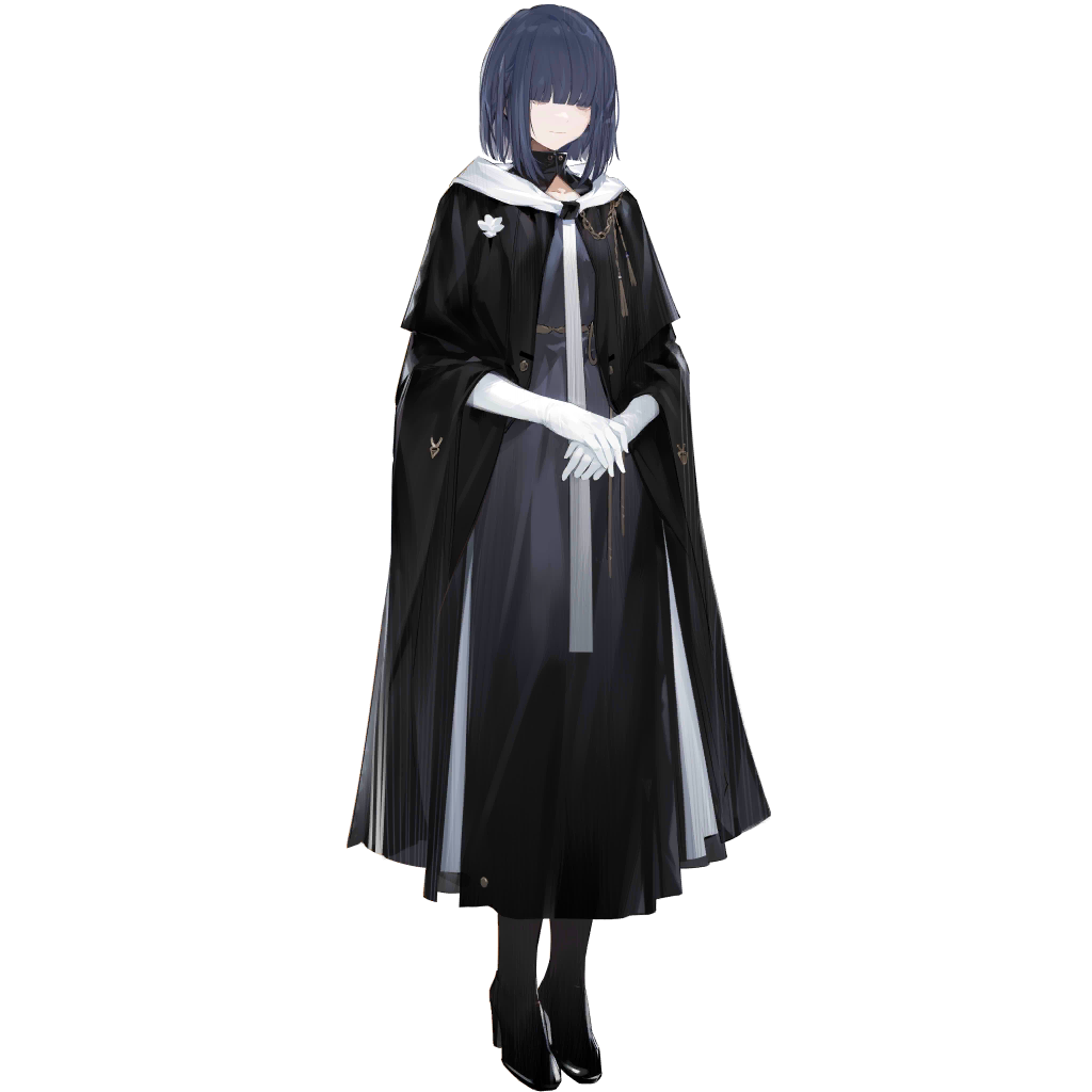 arknights, official art, third-party source, 1girl, bird girl, black boots, black cloak, blue dress, blue hair, blunt bangs, boots, brown eyes, cloak, dress, full body, gloves, long bangs, long dress, looking down, nun, open cloak, open clothes, own hands together, short hair, simple background, solo, standing, tachi-e, transparent background, white gloves