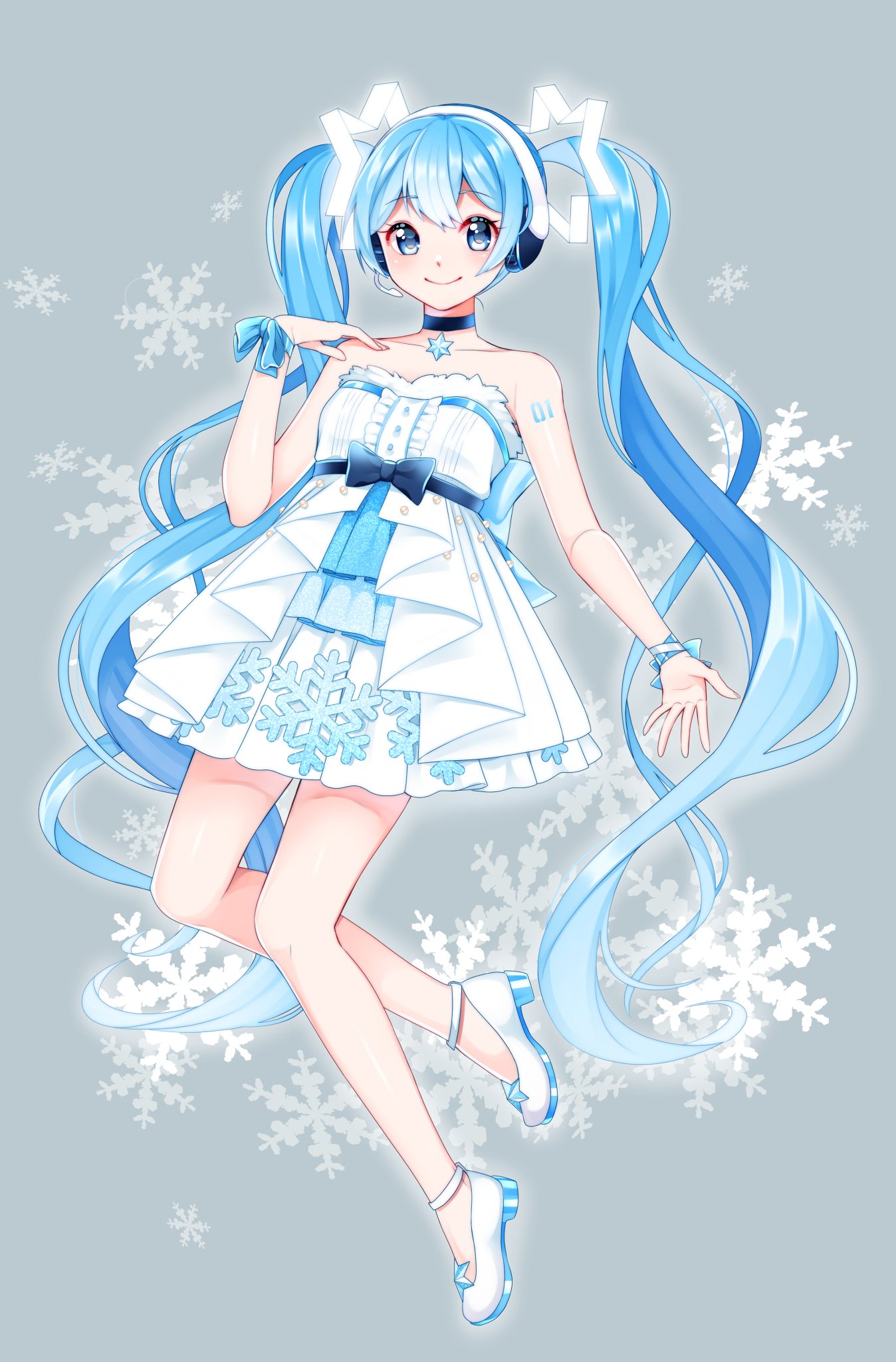 masumofu, hatsune miku, vocaloid, highres, 1girl, aqua eyes, aqua hair, aqua ribbon, arm tattoo, bare shoulders, black choker, breasts, choker, closed mouth, collarbone, dress, frilled dress, frills, full body, hair between eyes, hair ornament, headset, long hair, looking at viewer, number tattoo, ribbon, small breasts, smile, snowflake print, snowflakes, solo, strapless, strapless dress, tattoo, twintails, very long hair, wrist ribbon