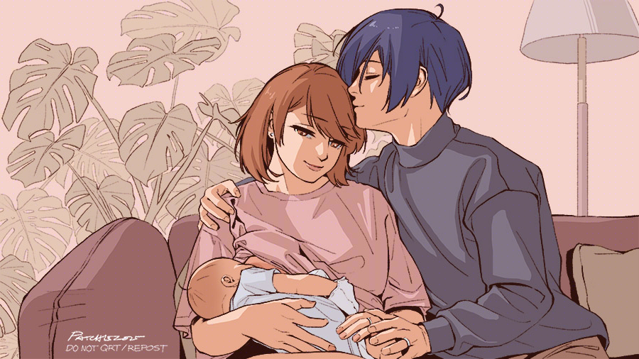paaaatchieee, takeba yukari, yuuki makoto (persona 3), persona, persona 3, commentary, english commentary, 1girl, 2boys, artist name, baby, blue hair, breastfeeding, brown eyes, brown hair, carrying, carrying baby, carrying person, closed eyes, closed mouth, clothes lift, couch, couple, earrings, father and son, flipped hair, floor lamp, grey sweater, hand on another's shoulder, hetero, husband and wife, if they mated, jewelry, kiss, kissing head, lamp, leaf, long sleeves, looking at another, mother and son, motherly, multiple boys, on couch, pink skirt, plant, profile, ring, shirt lift, short hair, signature, sitting, skirt, smile, stud earrings, sweater, turtleneck, turtleneck sweater, upper body, wedding ring