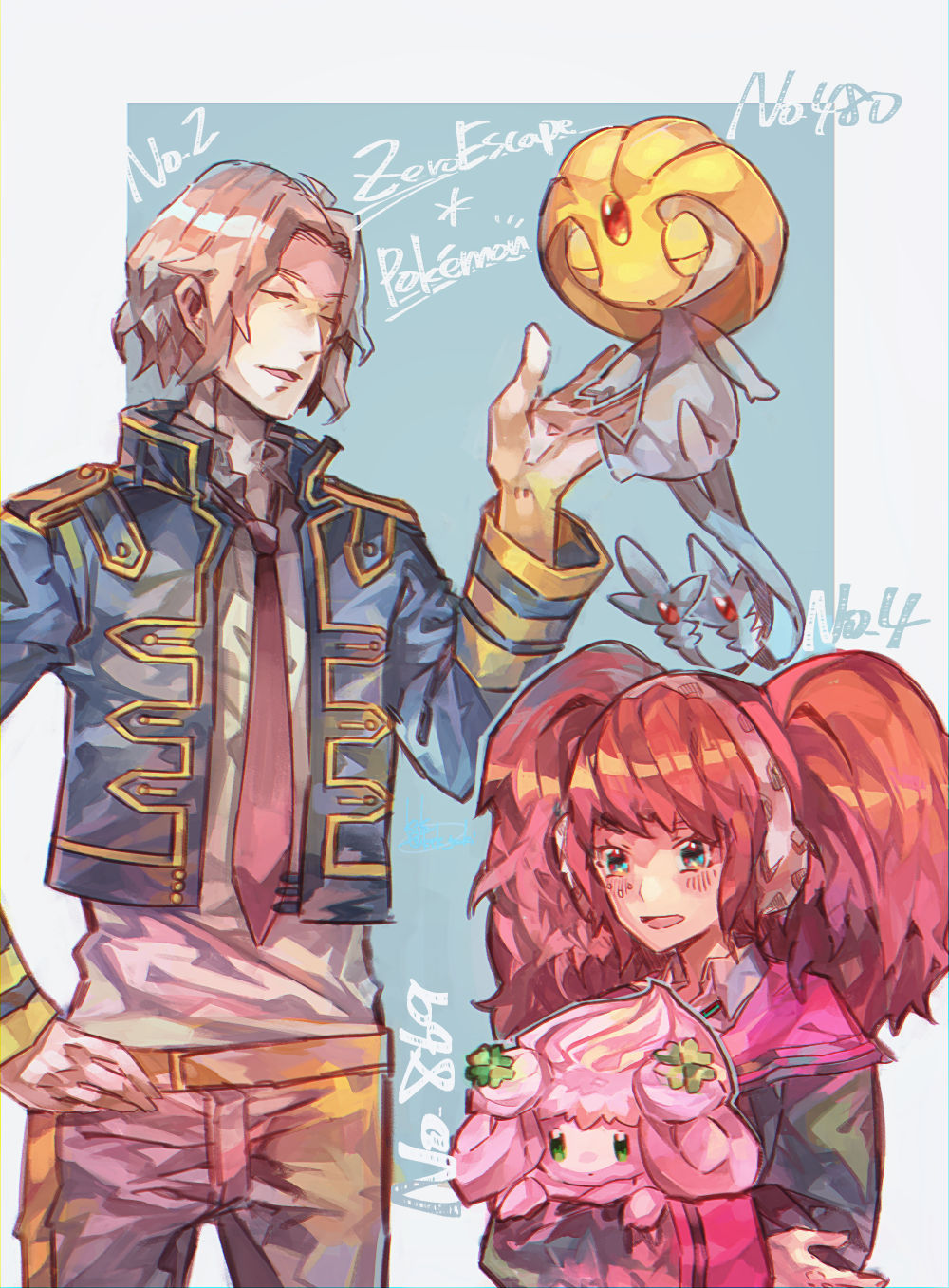 ktk-tsuki, alcremie, niels (kyokugen dasshutsu), uxie, yotsuba (kyokugen dasshutsu), kyokugen dasshutsu, kyokugen dasshutsu: 9 jikan 9 nin 9 no tobira, nintendo, pokemon, highres, blind, blue jacket, brother and sister, closed eyes, creature, crossover, facial mark, floating, gen 4 pokemon, gen 8 pokemon, green eyes, grey hair, hand on own hip, holding, holding creature, jacket, legendary pokemon, levitation, long sleeves, necktie, open clothes, open jacket, pink hair, pokemon (creature), shirt, siblings, twintails, white shirt