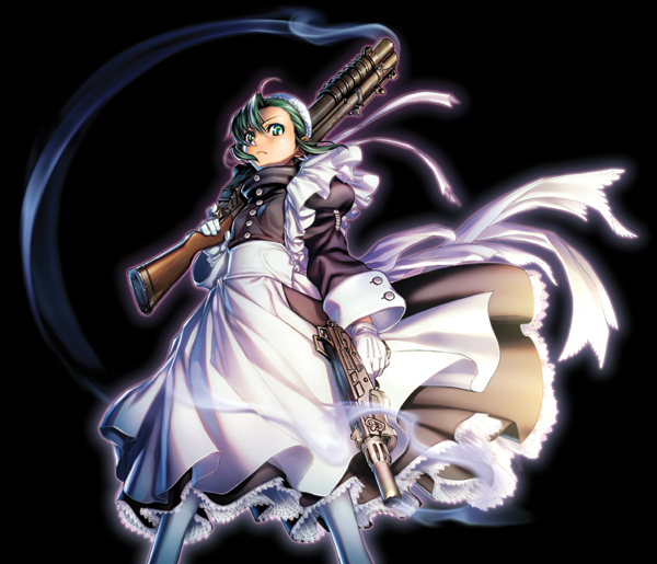 hiroe rei, fabiola iglesias, black lagoon, official art, 00s, 1girl, apron, bun cover, dual wielding, frills, gloves, green eyes, green hair, grenade launcher, gun, hat, holding, maid, maid apron, shotgun, smoke, smoking barrel, weapon