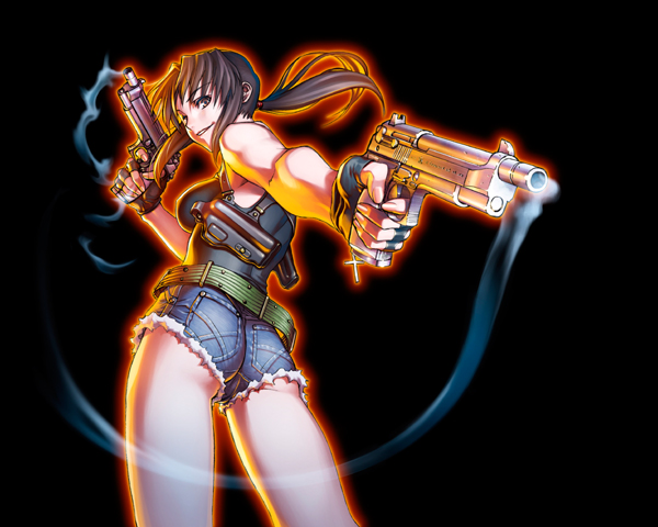 hiroe rei, revy, black lagoon, armpit holster, ass, breasts, brown hair, cutoffs, denim, denim shorts, dual wielding, fingerless gloves, from below, gloves, gun, holster, looking back, ponytail, short shorts, shorts, sideboob, smile, smoke, smoking barrel, weapon