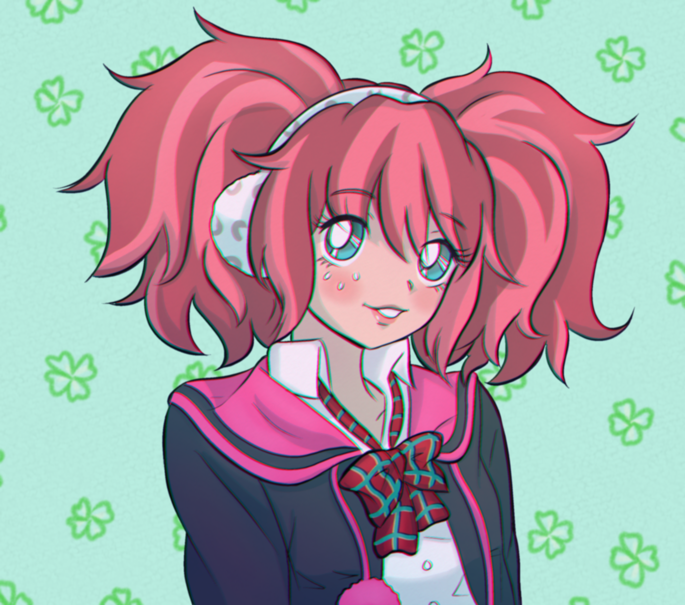 yotsuba (kyokugen dasshutsu), kyokugen dasshutsu, kyokugen dasshutsu: 9 jikan 9 nin 9 no tobira, highres, 1girl, aqua eyes, breasts, clover, clover background, collarbone, collared shirt, earmuffs, facial mark, faux retro artstyle, four-leaf clover, gaulemtypefemale, gyaru, jacket, medium breasts, neck ribbon, open clothes, open jacket, pink hair, pom pom (clothes), ribbon, shirt, solo, twintails, upper body