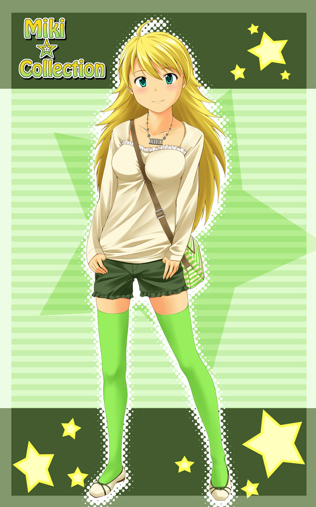nishi (count2.4), hoshii miki, idolmaster, idolmaster (classic), 00s, 1girl, bag, between breasts, blonde hair, breasts, english text, female focus, full body, green eyes, halftone, halftone background, long hair, shorts, solo, strap between breasts, thighhighs