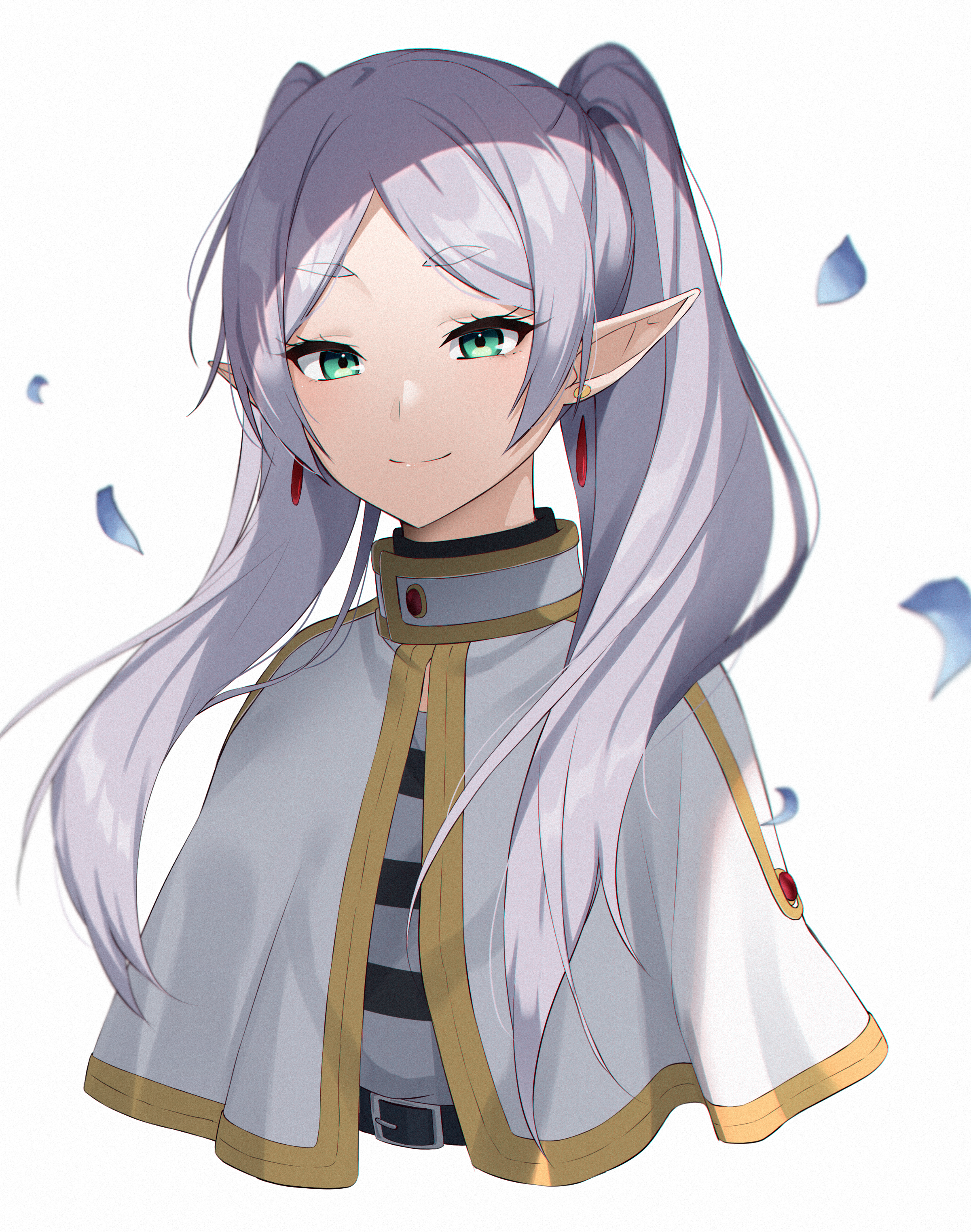 slope (check238), frieren, sousou no frieren, absurdres, highres, 1girl, capelet, closed mouth, cropped torso, earrings, elf, green eyes, jewelry, long hair, looking at viewer, parted bangs, pointy ears, simple background, smile, solo, thick eyebrows, twintails, upper body, white background, white capelet, white hair