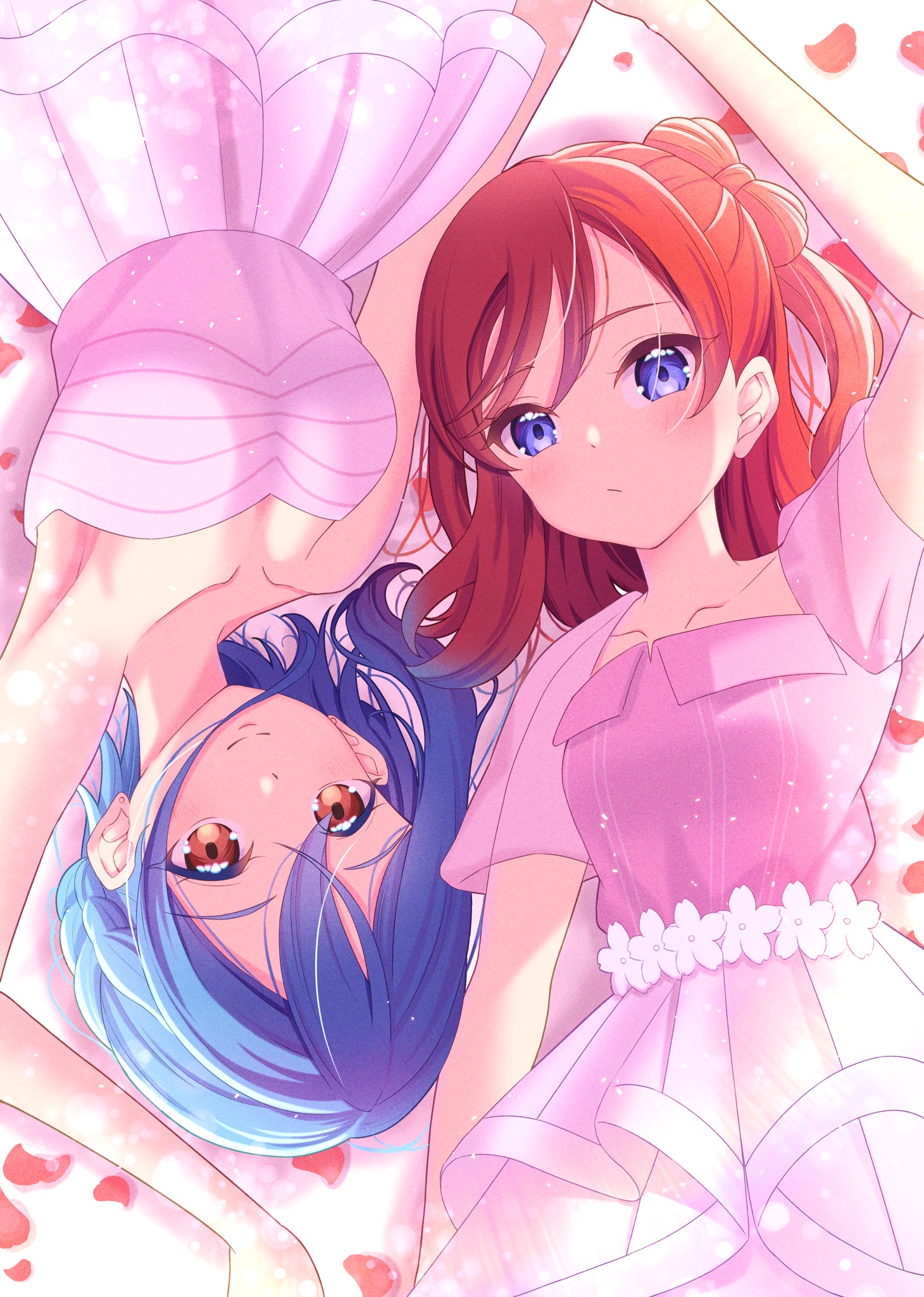 nanase itsuki, wakana shiki, yoneme mei, love live!, love live! superstar!!, commentary, highres, 2girls, blue eyes, blue hair, blush, breasts, cleavage, collarbone, dress, long hair, looking at viewer, medium breasts, multiple girls, orange eyes, pink dress, red hair, red petals, short hair, small breasts
