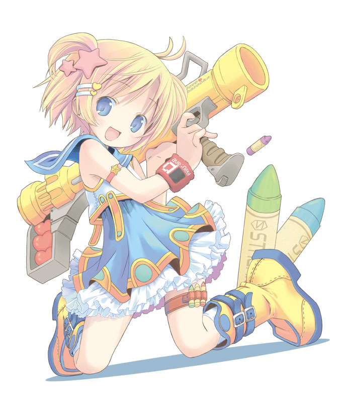 pop, 1girl, blonde hair, boots, child, crayon, dress, female focus, frills, hair ornament, hairclip, rocket launcher, short hair, solo, weapon