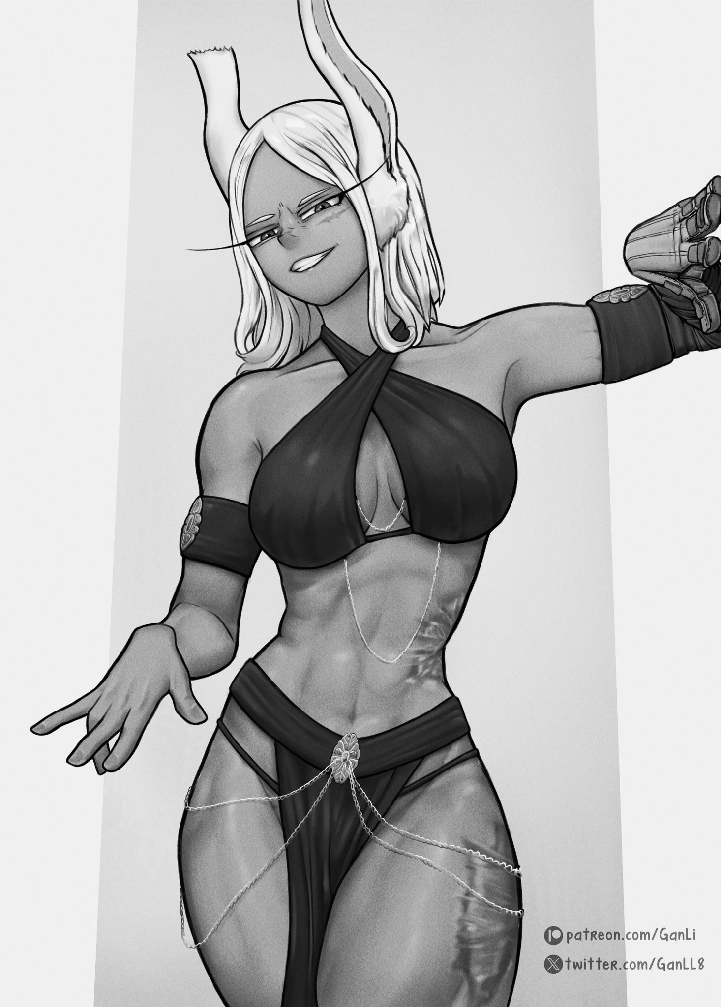 ganll8, mirko, boku no hero academia, highres, black dress, breasts, dress, muscular, muscular female, rabbit girl, scar