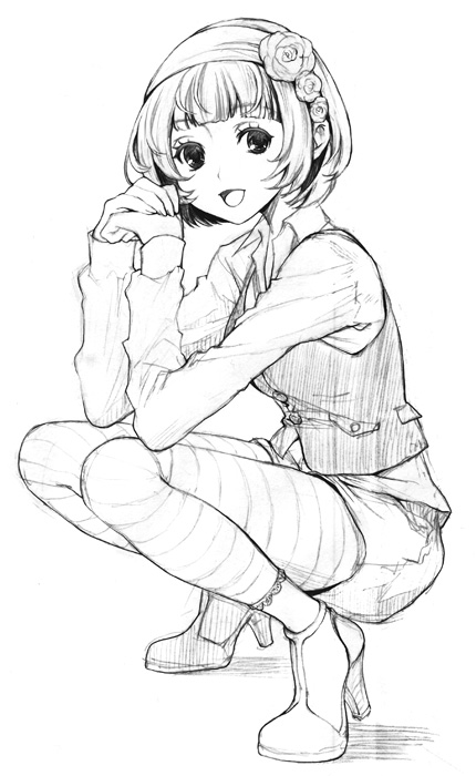 sage joh, greyscale, hairband, high heels, long sleeves, monochrome, pantyhose, shoes, short hair, solo, squatting
