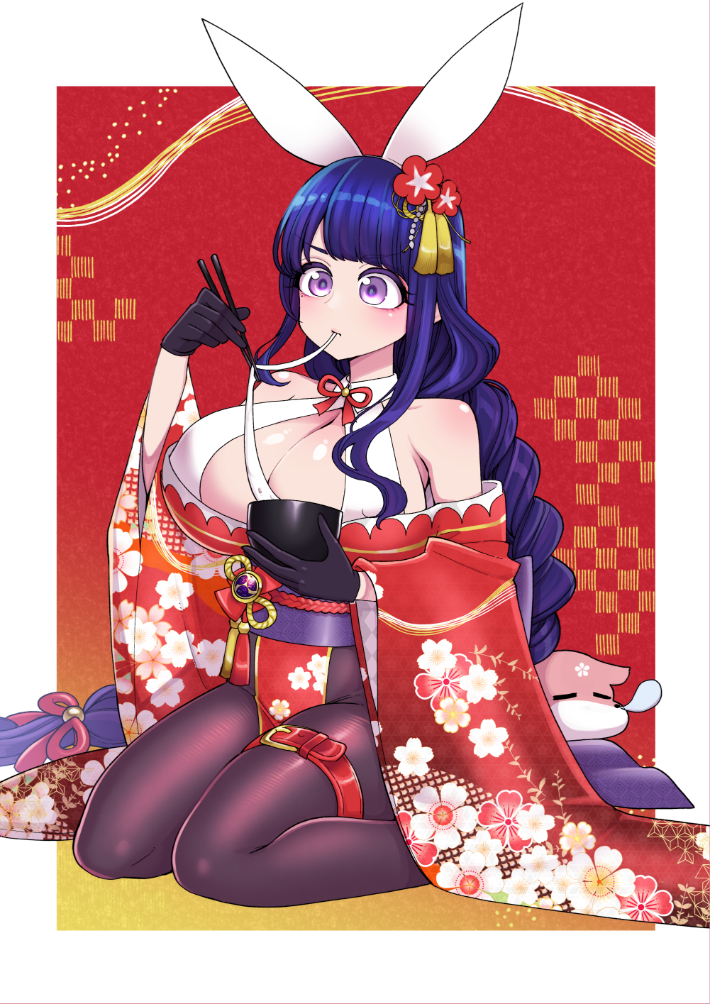 hanauna, raiden shogun, yae miko, yae miko (fox), genshin impact, commentary request, highres, 1girl, alternate color, alternate costume, animal ears, armpit crease, back bow, bare shoulders, belt, black gloves, black pantyhose, blue pupils, blunt bangs, bow, bowl, braid, breasts, chinese zodiac, cleavage, collarbone, eating, flower, flower ornament, food, food in mouth, gloves, gradient background, hair ornament, happy new year, holding, holding bowl, huge breasts, japanese clothes, kimono, large breasts, long braid, long sleeves, mole, mole under eye, multicolored eyes, multicolored hair, neck ribbon, new year, noodles, off shoulder, pantyhose, playboy bunny, purple eyes, purple hair, purple sash, rabbit ears, red background, red flower, red kimono, red ribbon, ribbon, sash, seiza, shade, single braid, sitting, sleeping, slurping, streaked hair, thigh belt, thigh strap, wide sleeves, year of the rabbit