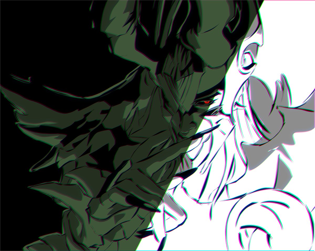 loki (marvel), marvel, marvel rivals, thor (marvel) (series), 1boy, aalure, armor, black sclera, chromatic aberration, colored sclera, fake horns, fingernails, horned headwear, horns, loki (marvel) (all-butcher), long fingernails, long hair, looking at viewer, looking to the side, male focus, official alternate costume, one eye covered, pauldrons, red eyes, sharp fingernails, shoulder armor, solo, spot color