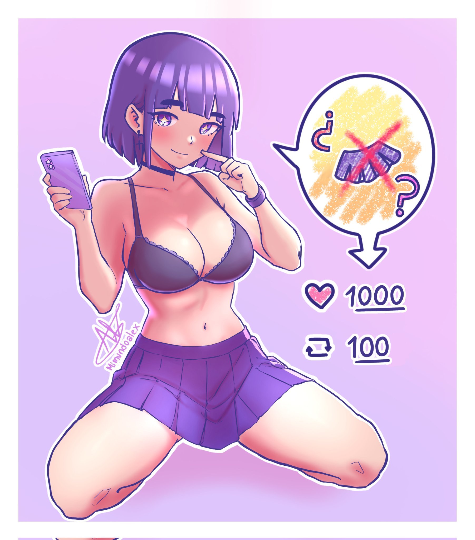 mimundoalex, original, commentary, corrupted twitter file, english commentary, highres, + +, 1girl, artist name, black bra, black choker, bob cut, bra, breasts, cellphone, choker, cross, cross earrings, earrings, holding, holding phone, jewelry, large breasts, like and retweet, miniskirt, navel, phone, pleated skirt, purple eyes, purple hair, signature, skirt, smartphone, solo, twitter strip game, underwear, wristband