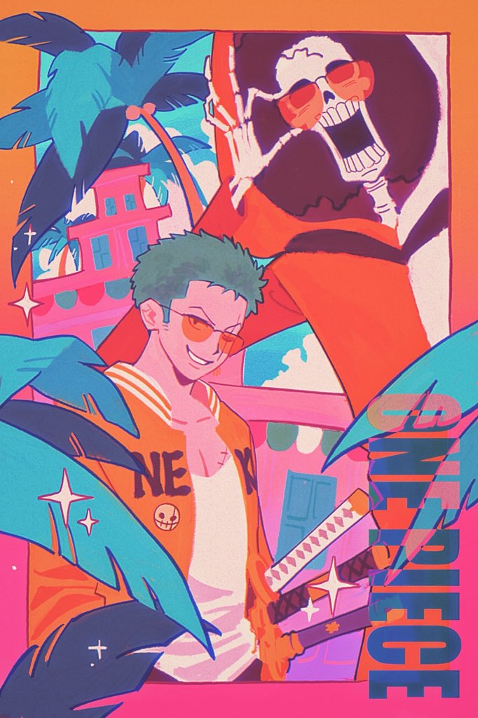 toku0034, brook (one piece), roronoa zoro, one piece, commentary, symbol-only commentary, 2boys, adjusting eyewear, afro, alternate costume, copyright name, green hair, grin, hood, hoodie, jacket, katana, looking at viewer, male focus, multiple boys, one eye closed, open clothes, open jacket, open mouth, orange-tinted eyewear, orange jacket, palm tree, parted lips, scar, scar across eye, scar on face, sheath, sheathed, shirt, short hair, skeleton, smile, sparkle, sunglasses, sword, tinted eyewear, tree, upper body, weapon, white shirt