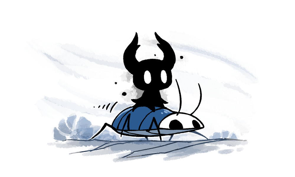 fuifui, shade (hollow knight), hollow knight, hollow knight: silksong, commentary request, antennae, black skin, bug, colored skin, darkness, horns, multiple legs, riding, riding animal, skrill (hollow knight), white eyes