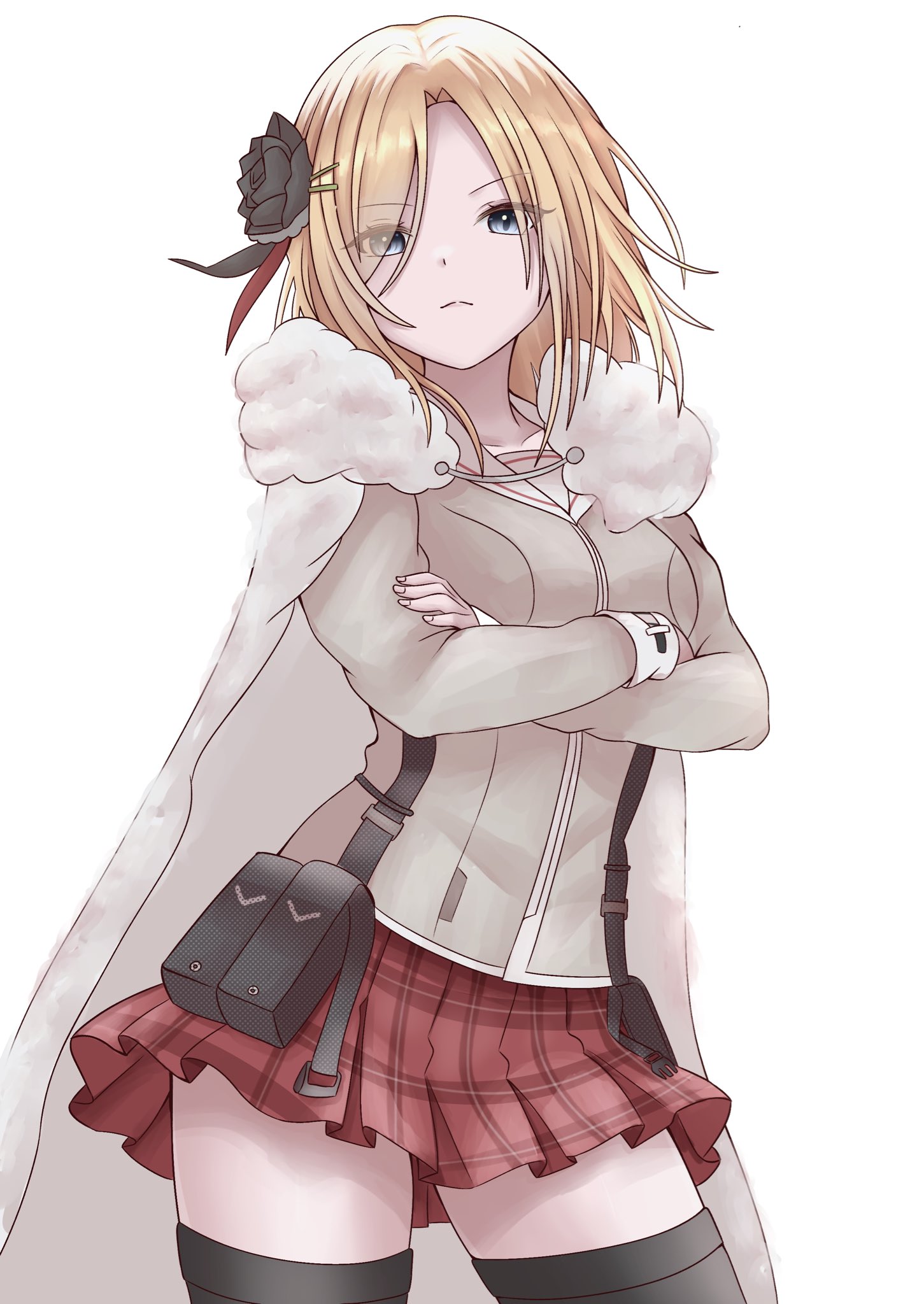 kanikure12, minase ichigo, heaven burns red, highres, 1girl, black flower, black rose, black thighhighs, blonde hair, blue eyes, breasts, cape, cloak, closed mouth, collarbone, cowboy shot, crossed arms, eyes visible through hair, flower, frown, fur-trimmed cape, fur-trimmed cloak, fur trim, grey eyes, grey shirt, hair flower, hair ornament, hair over one eye, hairclip, jacket, long sleeves, looking at viewer, medium breasts, medium hair, miniskirt, parted bangs, plaid clothes, plaid skirt, pleated skirt, pouch, red skirt, rose, shirt, simple background, skirt, solo, standing, thighhighs, white background, white cape, white shirt, zettai ryouiki