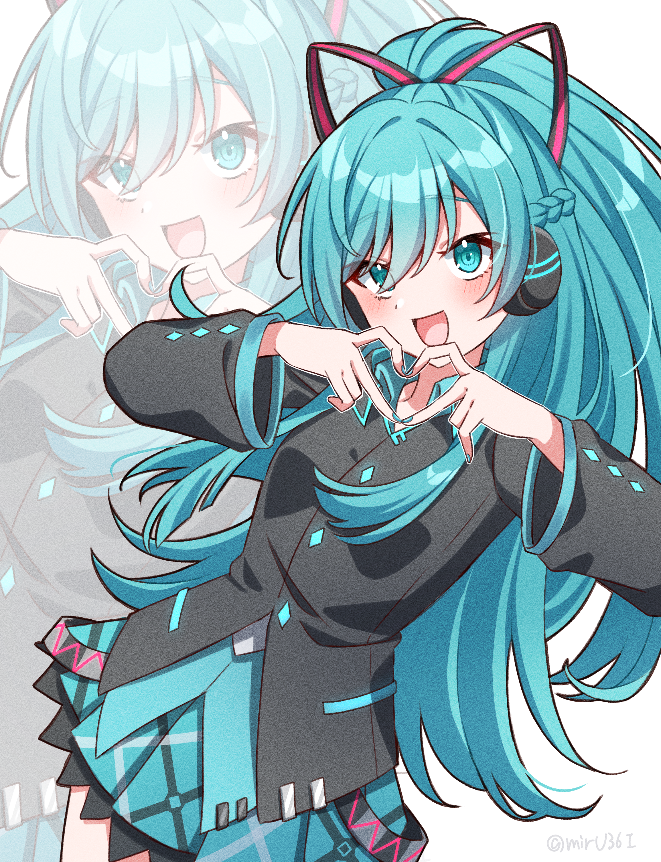 mirumiru (miru36i), hatsune miku, hatsune miku (if), vocaloid, absurdres, highres, 1girl, aqua eyes, aqua hair, aqua nails, aqua skirt, aqua trim, black ribbon, black shirt, blush, collared shirt, hair ribbon, headset, long hair, long sleeves, looking at viewer, official alternate costume, official alternate hairstyle, open mouth, pleated skirt, ponytail, ribbon, shirt, skirt, smile, very long hair, wide sleeves